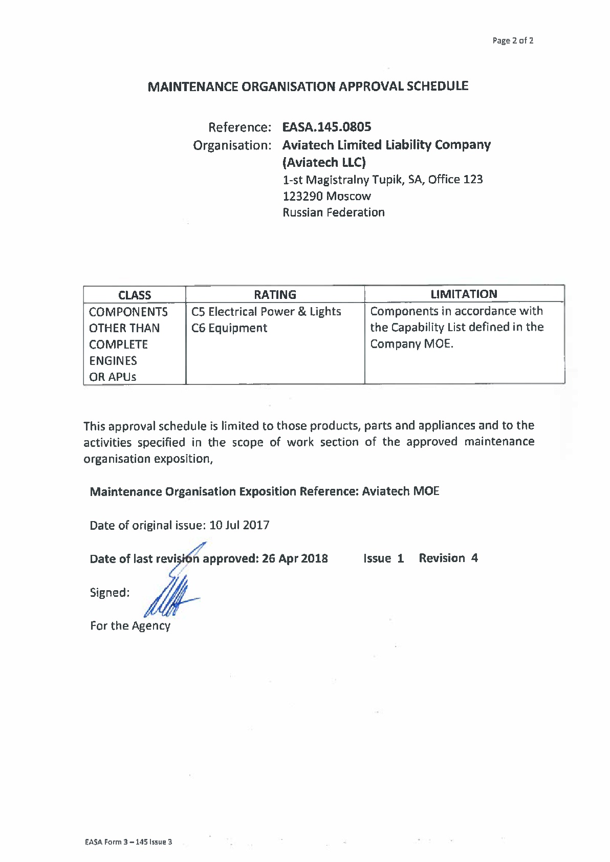 56 raitings EASA Part 145 approval certificate 001